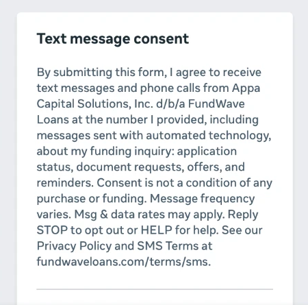 Facebook lead form showing the Text message consent notice